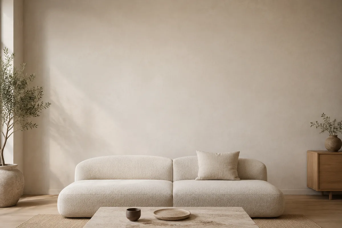 Šviesi svetainė su sofa: iliustracinė erdvė paveikslų dydžiui planuoti